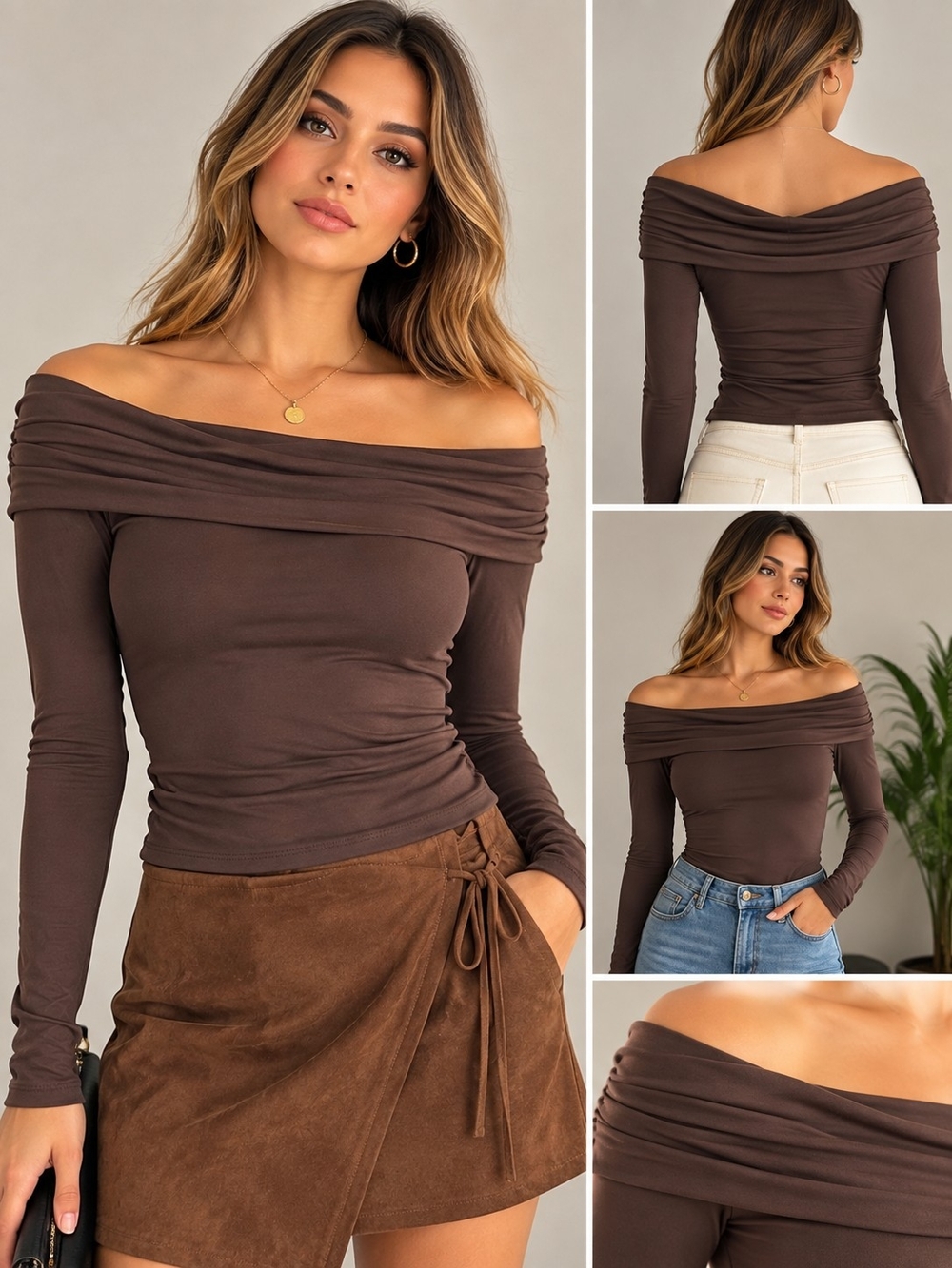 Off-the-Shoulder Long Sleeve Top - Brown